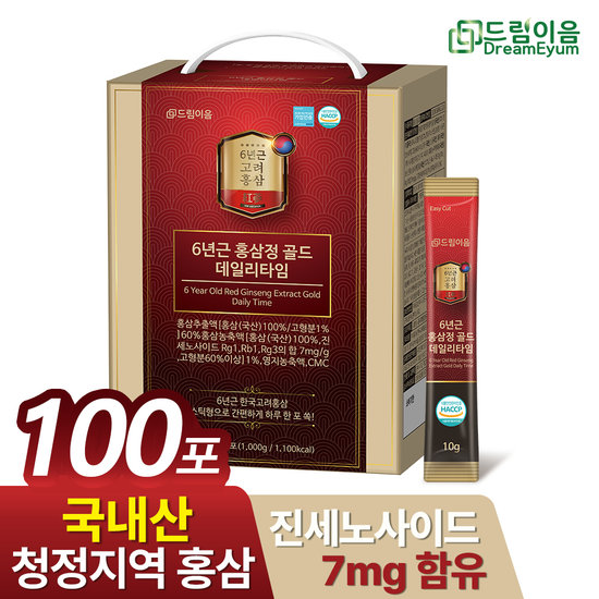 드림이음 <b>6년근</b> <b>홍삼정</b> 골드 스틱 <b>데일리타임</b> 10g x 100포 1박스