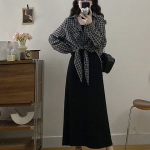 체크셔츠 레이어드룩 블랙원피스 데일리룩 벨로체원피스세트