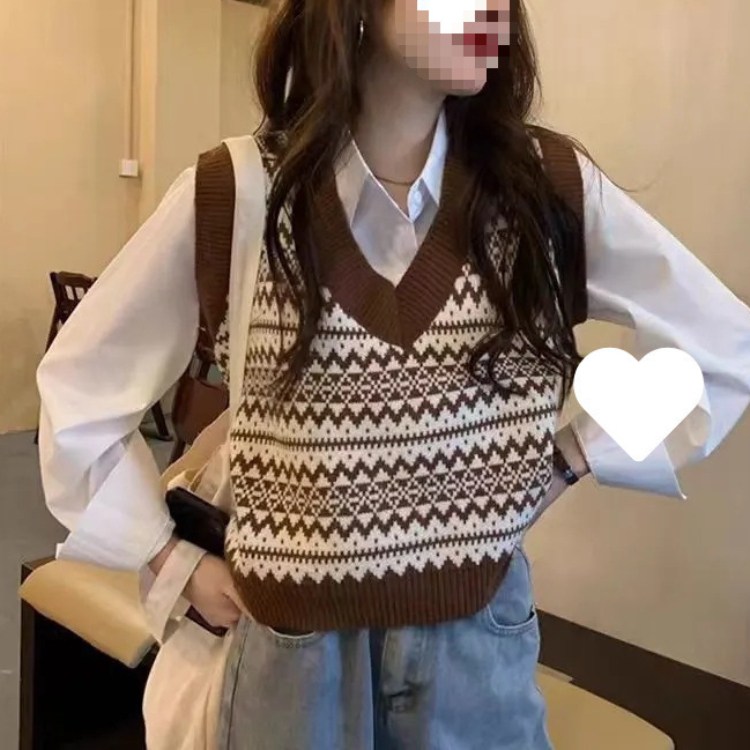 쁘띠꼬모 여성 니트 V넥 페어아일 패턴 셔츠 레이어드 데일리룩 프리사이즈 QXT580657
