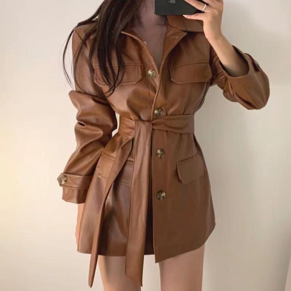 봄 가을 여성 가죽 자켓 하프 벨트 슬림핏 세련된 스타일 YLP 캐러멜 L