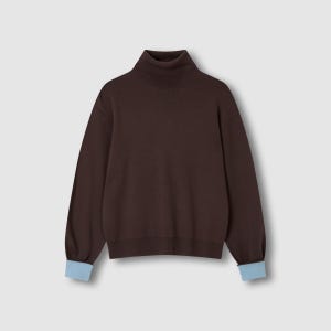 [자주] 여 배색 터틀넥 니트 - 브라운 (J115402011)