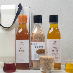 국산 원물로 저온착유한 참기름+들기름 고급형 선물세트 (참기름300ml 1병 + 들기름300ml 1병 + 볶음참깨150g)