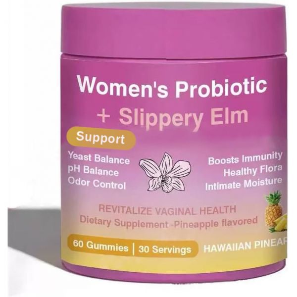 여성용 주시 프로바이오틱 젤리 파인애플 맛 pH 균형 장 건강 지원 <b>슬리퍼리 엘름</b> 포함 비건 1 FW ZONE
