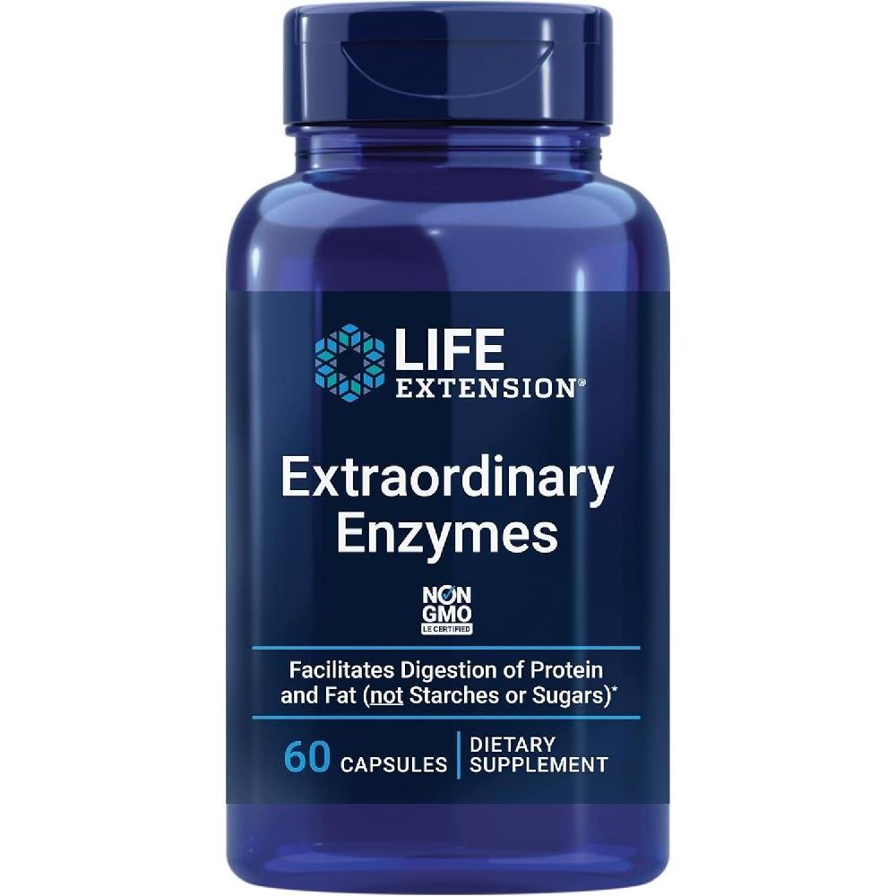 Life Extension Extraordinary Enzymes 소화 건강 흡수 효소 유전자 변형 성분 무함유 캡슐  1개  60정