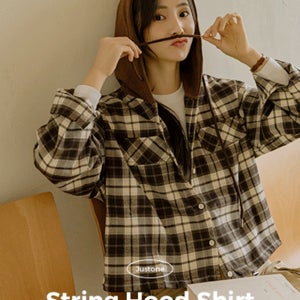 6DA31974HR_버트 피치기모 스트링 후드셔츠[후드,스트링,체크,세미크롭,여유핏,피치기모,가을,간절기,체크셔츠,남방,블라우스,투웨이]
