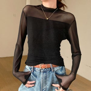 [맘투맘스] (가을신상품 할인/ 주문폭주) 시스루 벨벳 반목 티셔츠