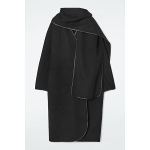 코스 가죽 트리밍 울 스카프 코트 블랙 6773825 1242892001