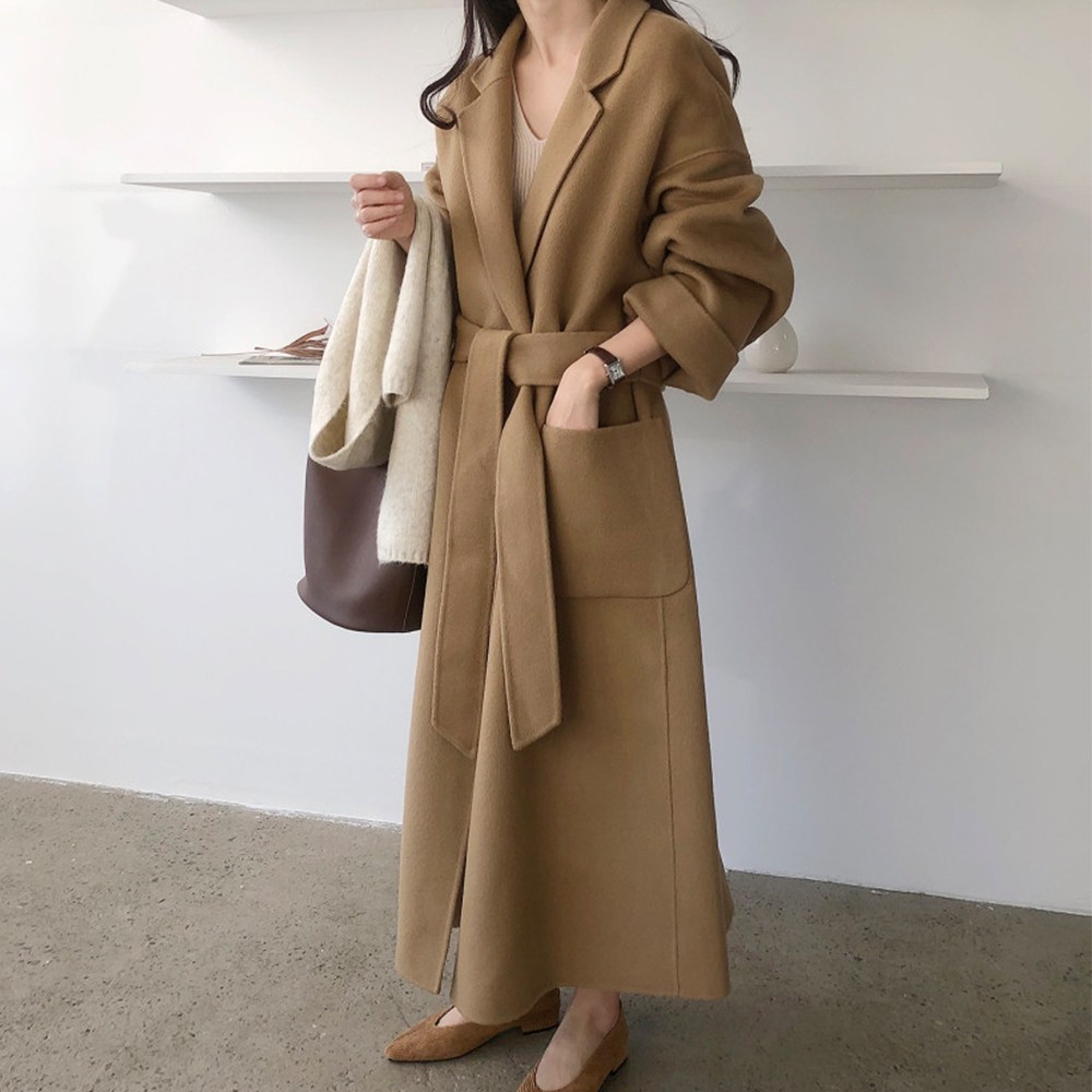 어반라인 여성용 스우피 테일러드 카라넥 로브 롱코트 + 벨트 세트 FREE 베이지