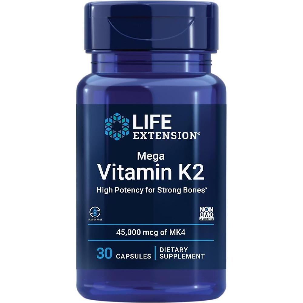 Life Extension 강력한 뼈를 위한 생명 연장 <b>메가</b> 비타민 K2 고효능 임상적으로 연구된 45mg 용량 건강한 <b>골밀도</b> 촉진 글루텐 프리 비-GMO 30캡슐  1개  30정