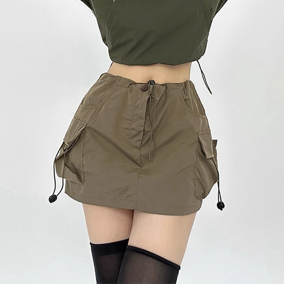 나도퀸 몬트라 스트링 카고 미니 스커트 카키브라운 S