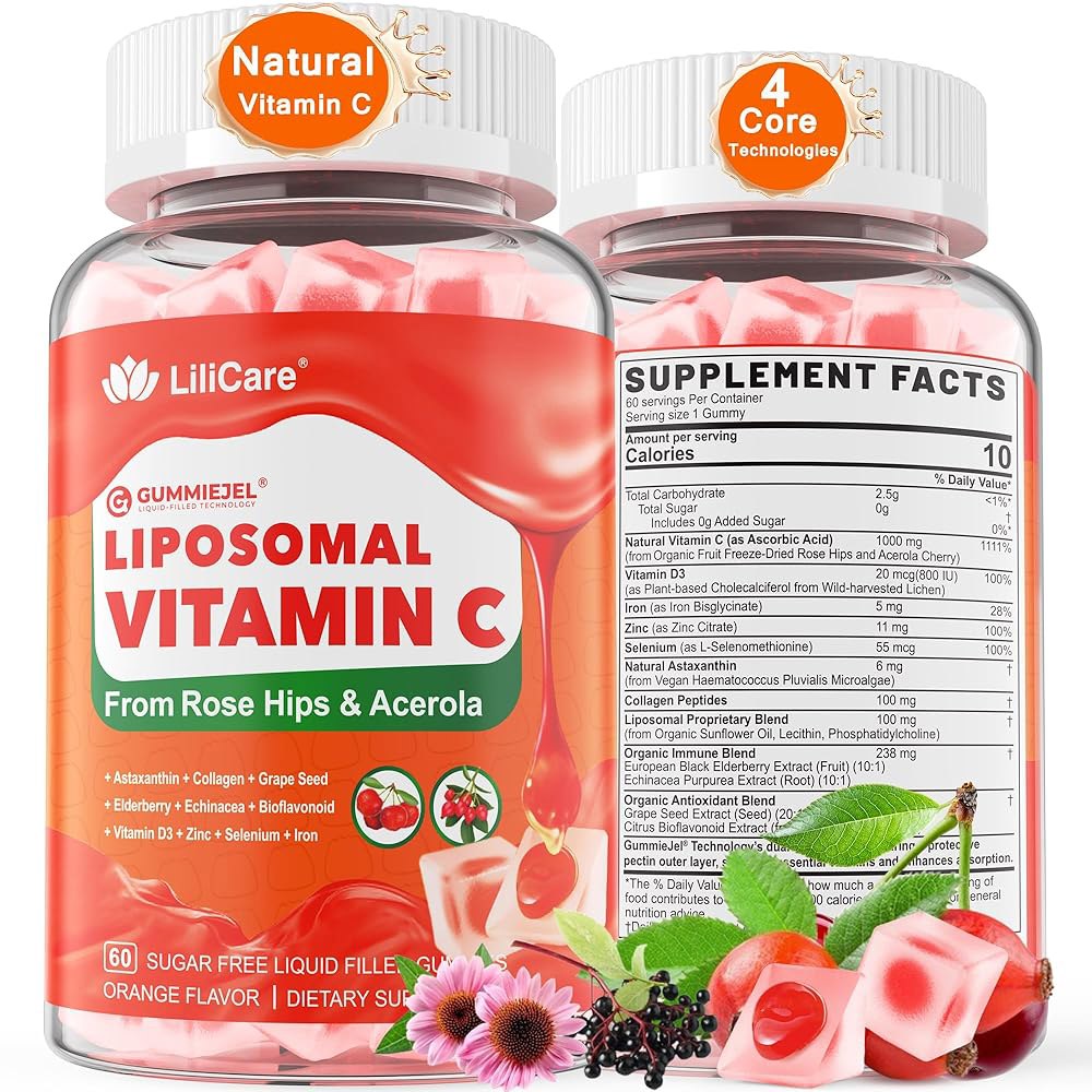 성인 및 용 리포솜 비타민 C 1000mg 충전 구미 9+ 1660mg 혼합 에키나시아 엘더베리 D3 아연 철분 바이오플라보노이드 아스타잔틴 천연 씹을 수 있는 C  60 Coun