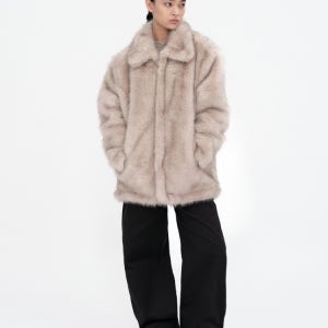 퍼 자켓, 여성 퍼자켓, 미디 퍼자켓, 버클 퍼자켓, 우먼 퍼자켓, 롱 퍼자켓, 퍼 아우터, 믹스 퍼 자켓,Buckle Long Hair Fur Jacket [Light Beige