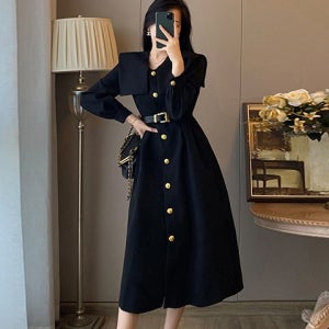 블랙원피스 골드버튼 하객룩 아발로롱원피스