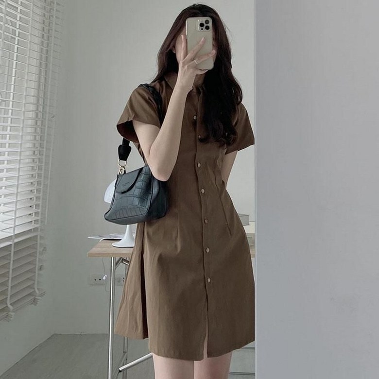티류으스 여성 여름 심플 카라 단추 허리라인 슬림 반팔 셔츠 원피스 Lyw 갈색 M
