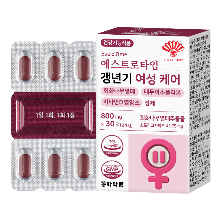 동화약품 에스트로타임 <b>갱년기</b> 여성 <b>케어</b> 회화나무열매 대두이소플라본 비타민D 영양소 정제 800mg x 30정, 1개