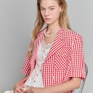 고방체크 하프소매 크롭 여름자켓