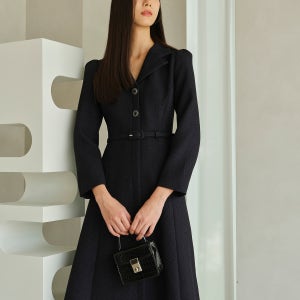 VIOLETTA Tailored Collar Tweed Dress_navy
