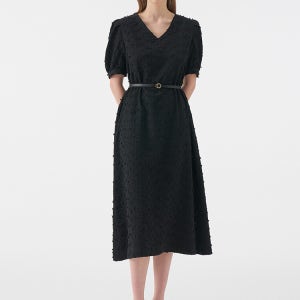 LUCIA Vneck Puff Half Sleeve Belted Dress_Black