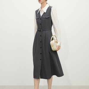 WD_Fake two-piece button shirt dress