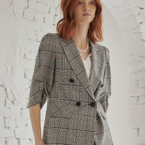 글렌 체크 퍼프소매 린넨 자켓