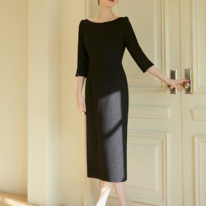 SERENA Boat neck Tweed Dress_Dark Navy