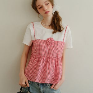 Cest_Check fake two-piece short sleeve top
