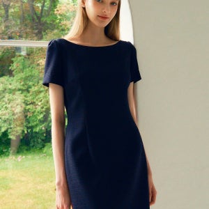 SERENA Half sleeve Boat neck Tweed Mini dress_Dark navy