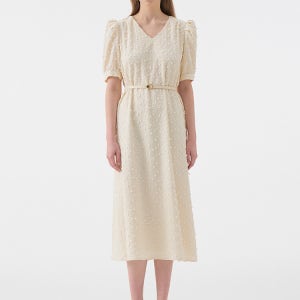 LUCIA Vneck Puff Half Sleeve Belted Dress_Ivory