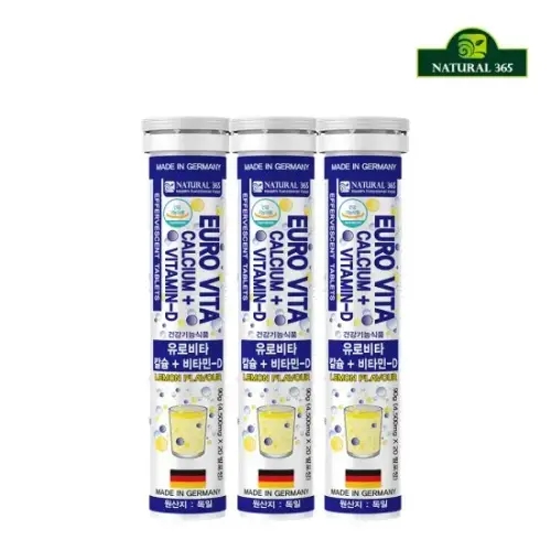 내츄럴365 독일 <b>유로비타</b> 발포<b>비타민</b> <b>칼슘</b>+<b>비타민D</b> 3병-60일분