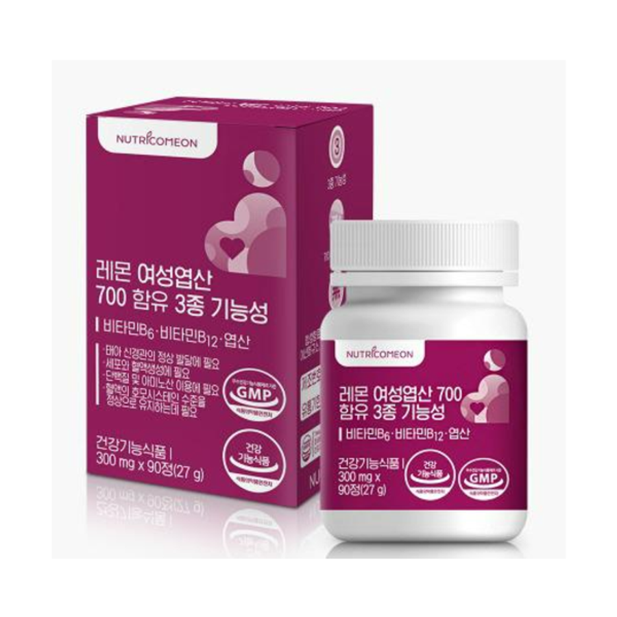 뉴트리커먼 <b>레몬 여성엽산 700함유 3종 기능성</b> 90정 3개월분