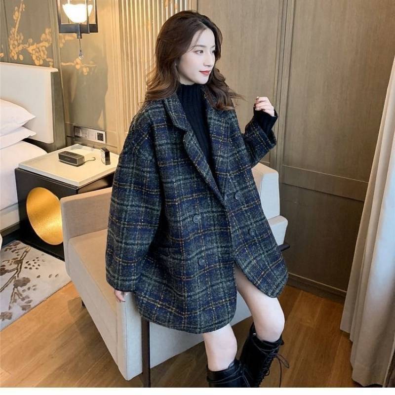 해피유통 여성용 오버사이즈 체크 패턴 더블 브레스트 혼방 울 블레이저 가을 겨울 LRY  2XL 150-165斤  진한 녹색 [면 없음] 015#  2XL