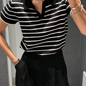 여성 칼라 스트라이프 반팔 스웨터 가을