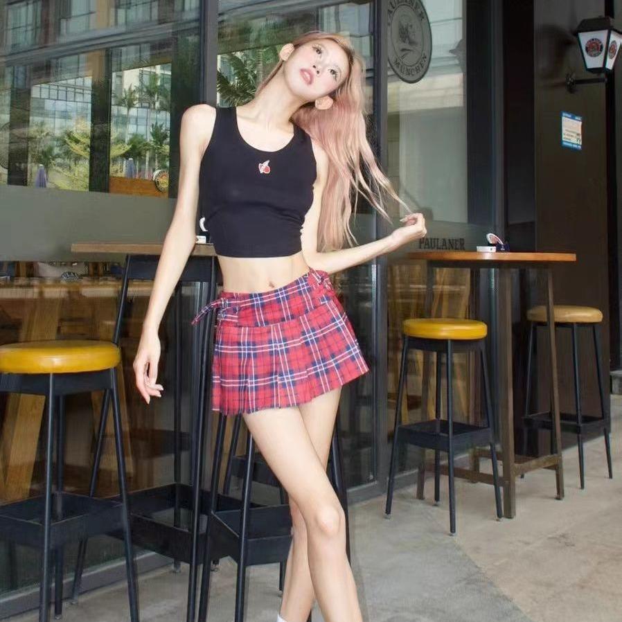레드 체크 플리츠 미니스커트