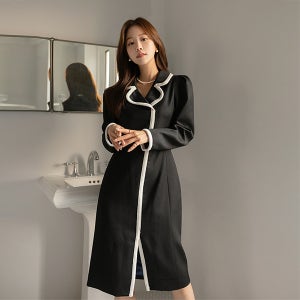 [오늘] 프리미엄 배색 라인 퍼프숄더 울 원피스