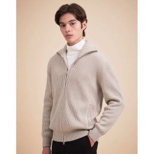 [헤지스]  HAZZYS 남성 베이지 울 강연 하이넥 집업 가디건 HZSW3D321I2