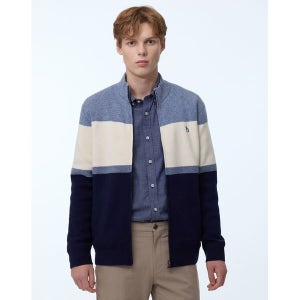 [헤지스]   HAZZYS 남성 블루 컬러블록 울혼방 집업 가디건 WHSW3D331B2