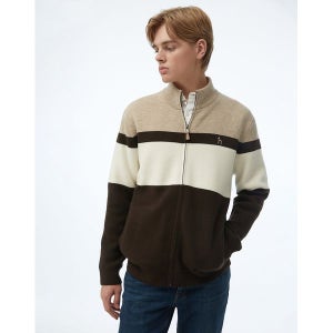 [헤지스]   HAZZYS 남성 베이지 컬러블록 울 집업 가디건 WHSW3D332I2