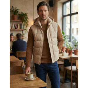 [닥스]  남성 베이지 탈착후드 실크혼방 구스다운 베스트 DMJU3D094I2