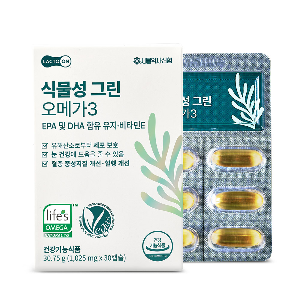 락토온 식물성 <b>그린 오메가3</b> 1025mg x 30캡슐, 1개