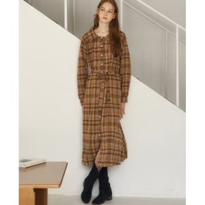 르샵 카라 체크 패턴 스트랩 긴팔 원피스 (DP3OW022A)
