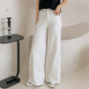 국산 여성 예술감성진 사선와이드 부츠컷 면 데님팬츠 2컬러 S-XL 4단사이즈