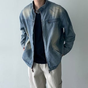 데님 바이커 청자켓 오버핏 차이나카라 라이더 레이싱 트러커 연청 옐로우워싱 데님자켓