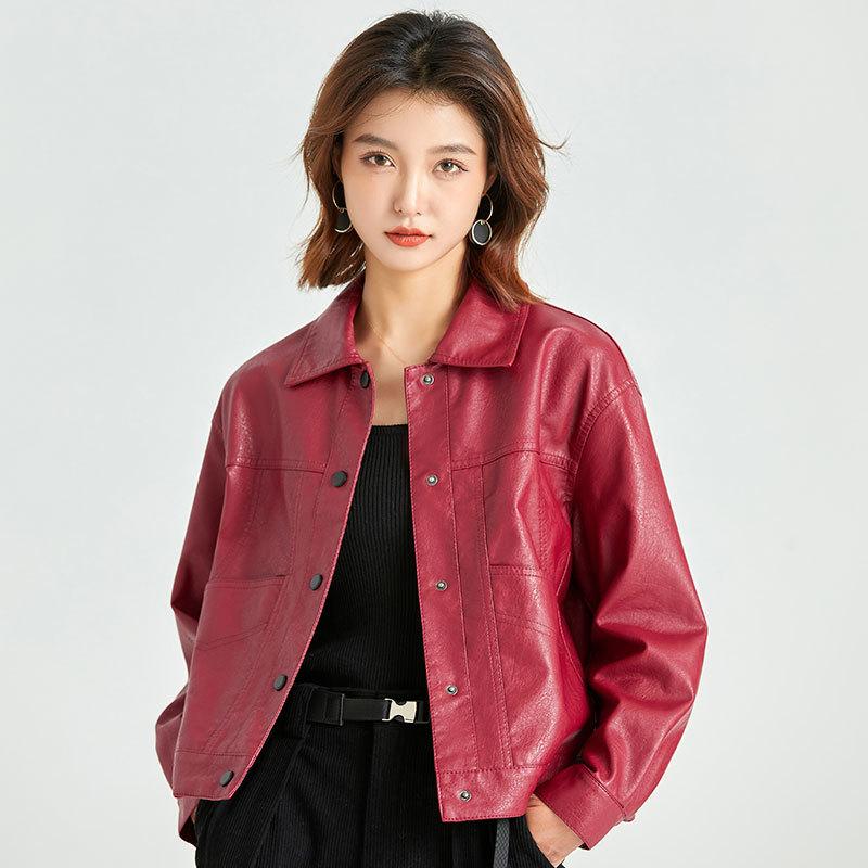 여자 카라 가죽자켓 가죽점퍼 비건레더 레더 점퍼 라이더 레드 2XL