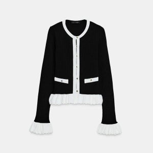 자라 트위드 배색 라운드넥 니트 가디건 4770/462 BLACK / WHITE