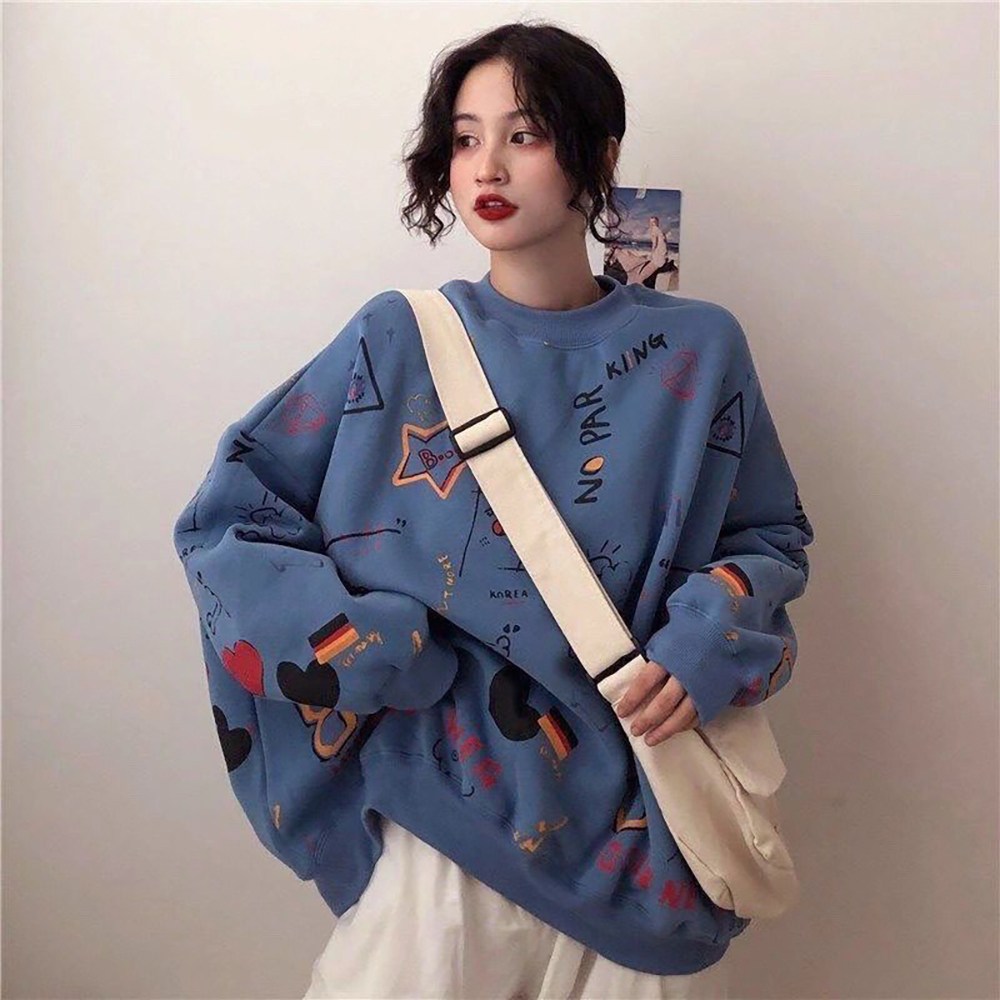 ROYALBELLE 여성 패션 라운드넥 그래픽 배색 프린트 기모 루즈핏 긴팔 맨투맨 Z0091810 블루 XL