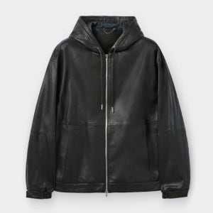 [커스텀멜로우][CUSTOMELLOW]Black Leather Hood zip up Jacket(CWUDW25713BKX)