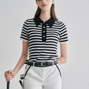 메이브 하트 버튼 스트라이프 반팔 니트 FM08KN500 블랙