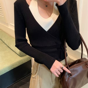 스타일리시 V넥 레이어드 니트웨어, 대비 컬러 슬림핏 한국 스타일 탑 - 봄/가을/겨울 패션 풀오버 & 베이스 레이어링 세트