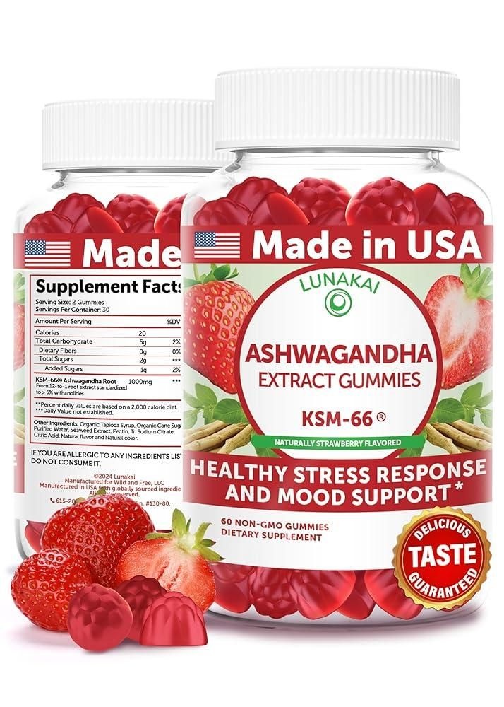 Lunakai 미국산 KSM-66 Ashwagandha 젤리 여성 및 남성용 - GMO <b>프리</b> <b>스트레스</b>, 기분 및 수면 지원 보충제, 60개입