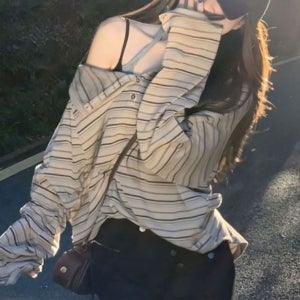 [하프클럽]보트넥 넉넉핏 줄무늬원숄더 롱티 스탠다드